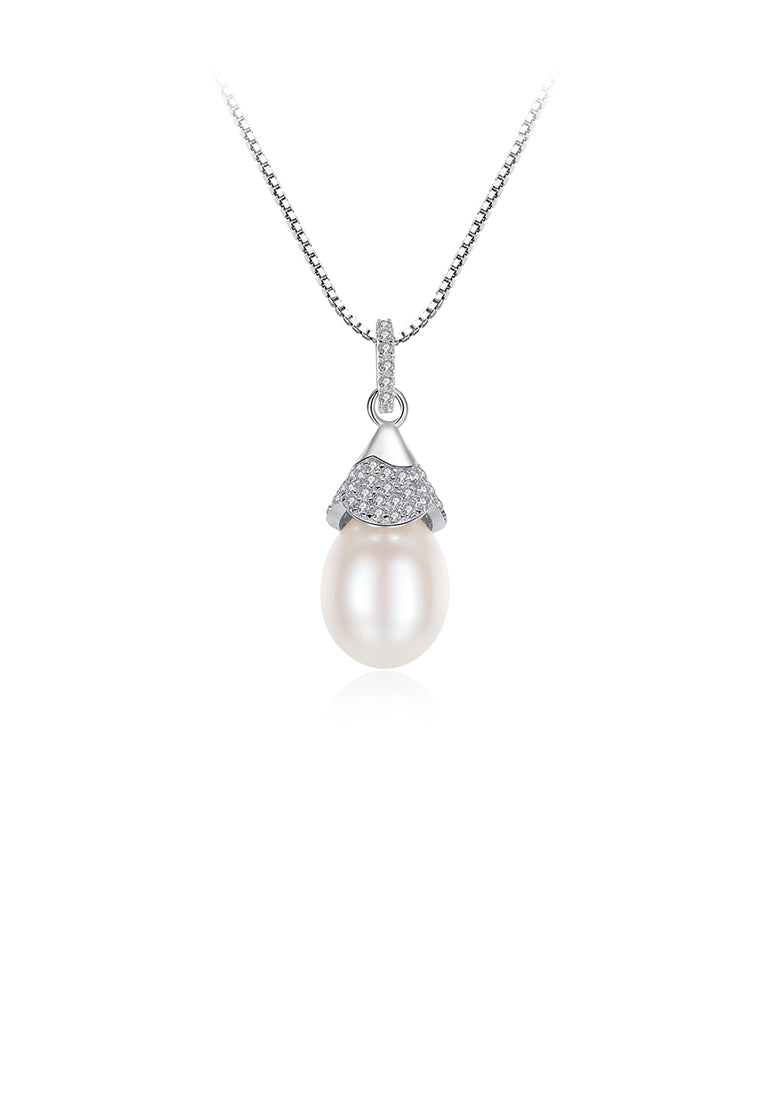 925 Sterling Silver Simple and Elegant White Freshwater Pearl Pendant with Cubic Zirconia and Necklace - Luxurious Look