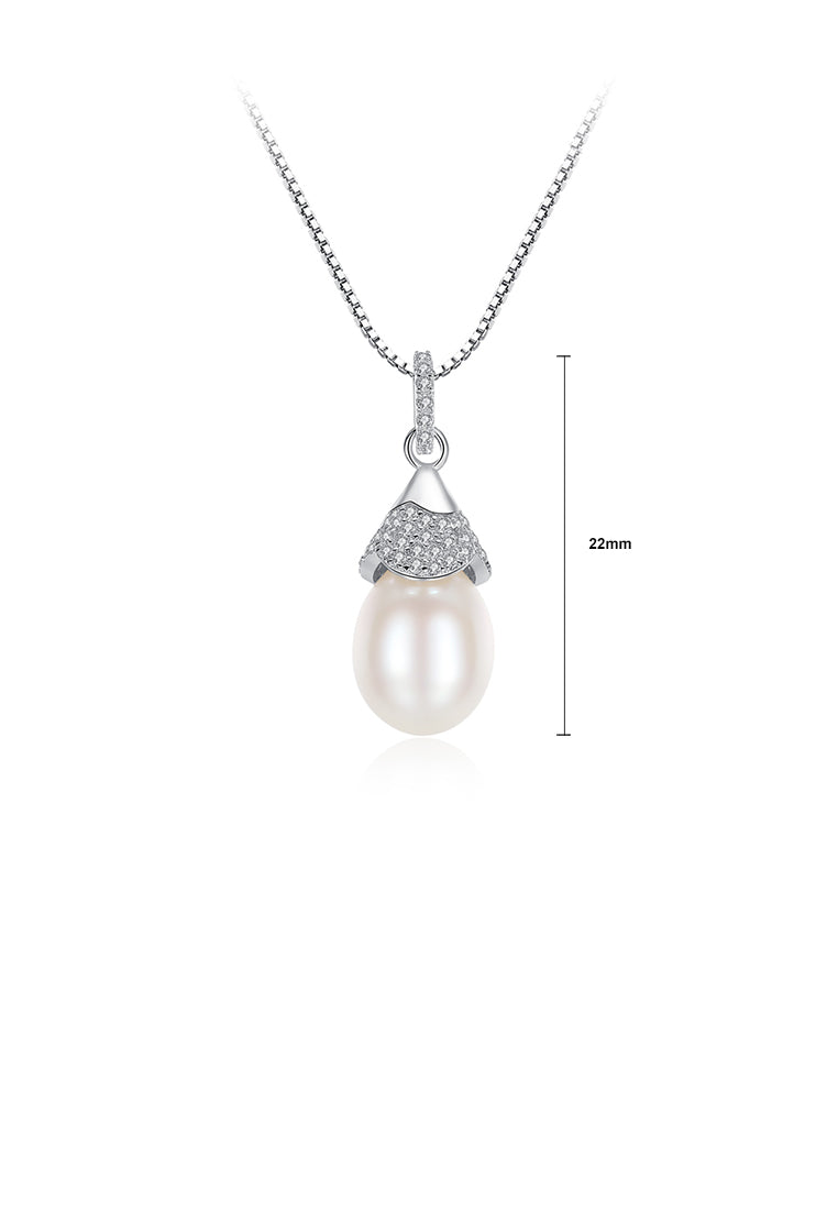 925 Sterling Silver Simple and Elegant White Freshwater Pearl Pendant with Cubic Zirconia and Necklace - Luxurious Look