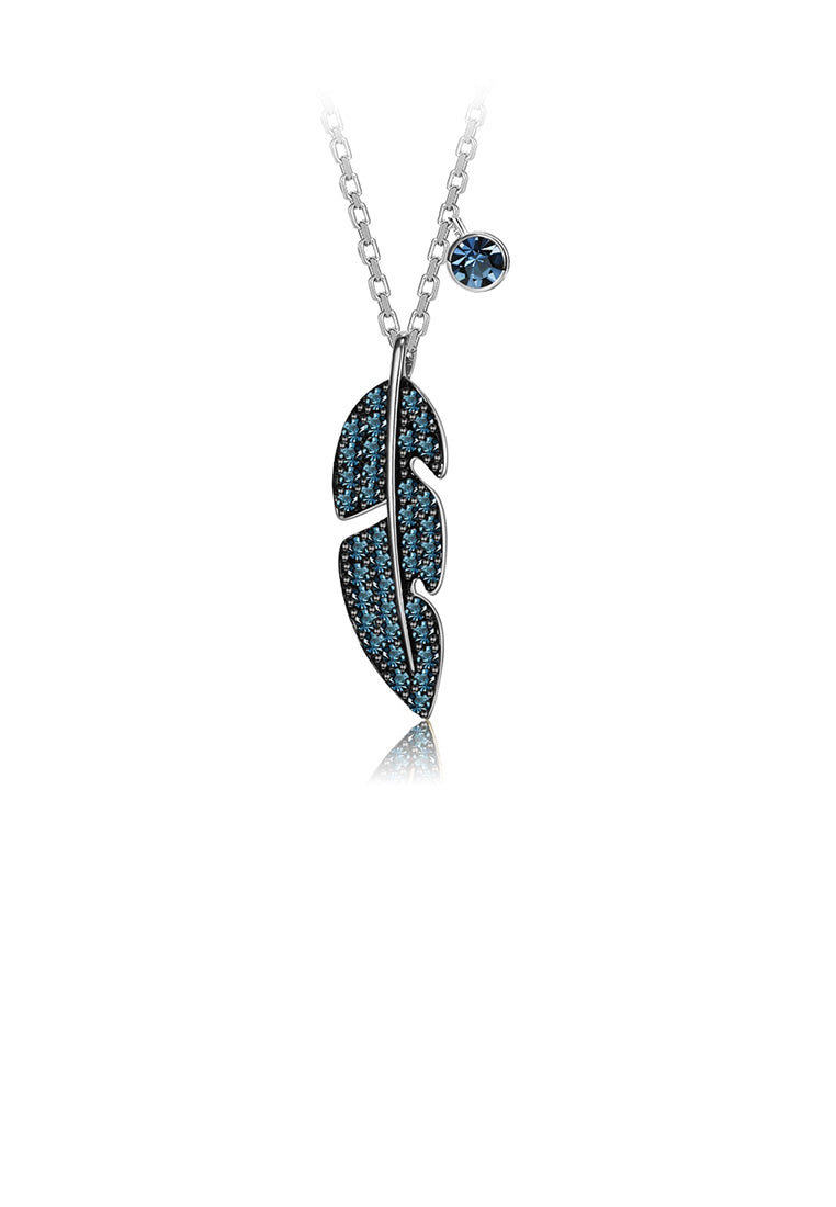 925 Sterling Silver Simple and Fashion Feather Pendant with Green Austrian Element Crystal and Necklace