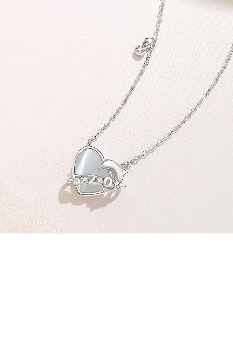 925 Sterling Silver Fashion Romantic Dolphin Heart Shape Pendant with Cubic Zirconia and Necklace - Luxurious Look