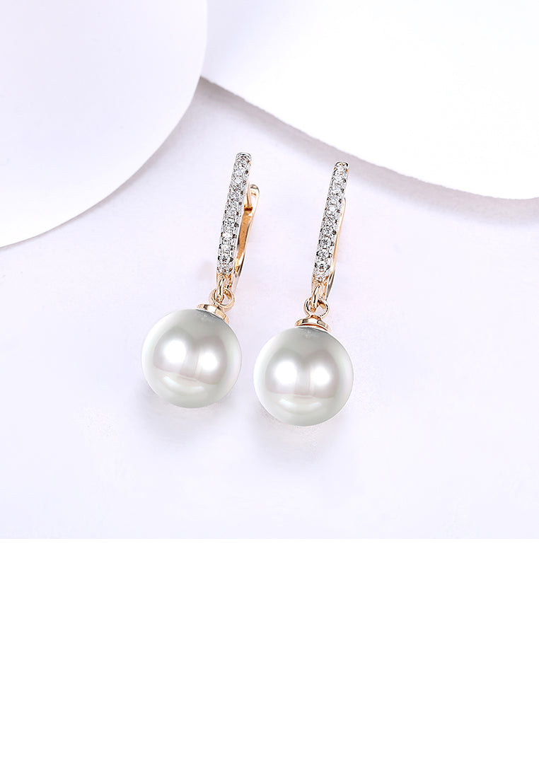 Elegant Plated Rose Gold Pearl Earrings with Austrian Element Crystal - Luxurious Look