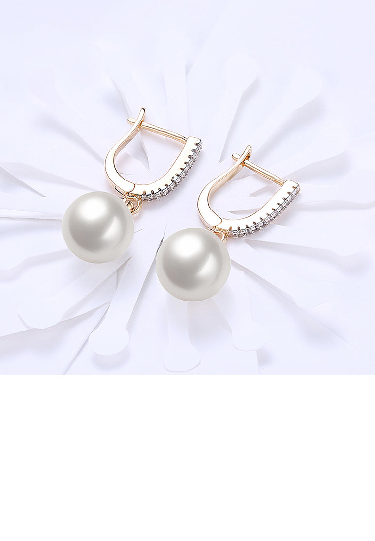 Elegant Plated Rose Gold Pearl Earrings with Austrian Element Crystal - Luxurious Look