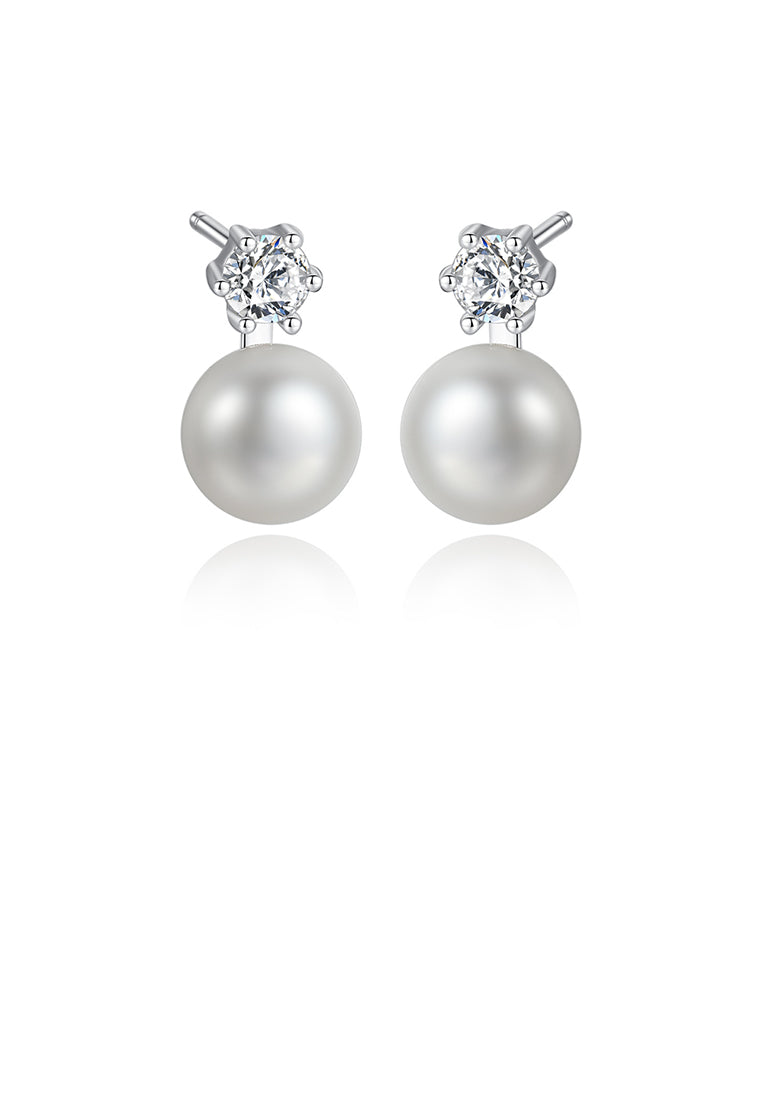 925 Sterling Silver Simple Round White Freshwater Pearl Earrings with Cubic Zirconia - Luxurious Look