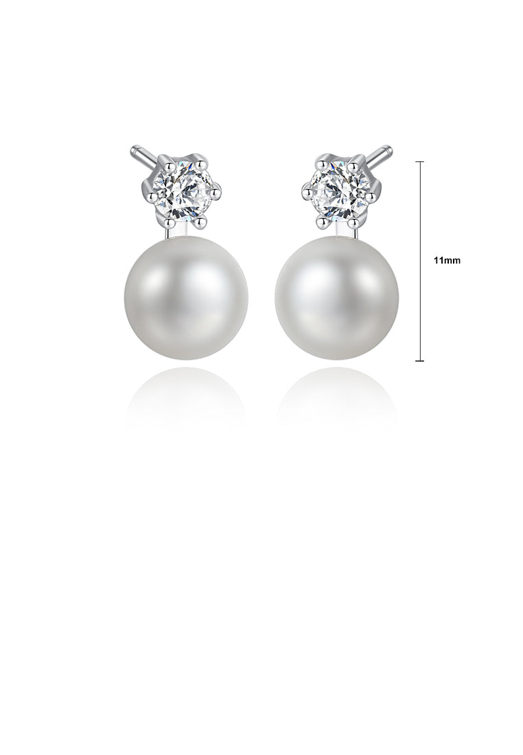925 Sterling Silver Simple Round White Freshwater Pearl Earrings with Cubic Zirconia - Luxurious Look