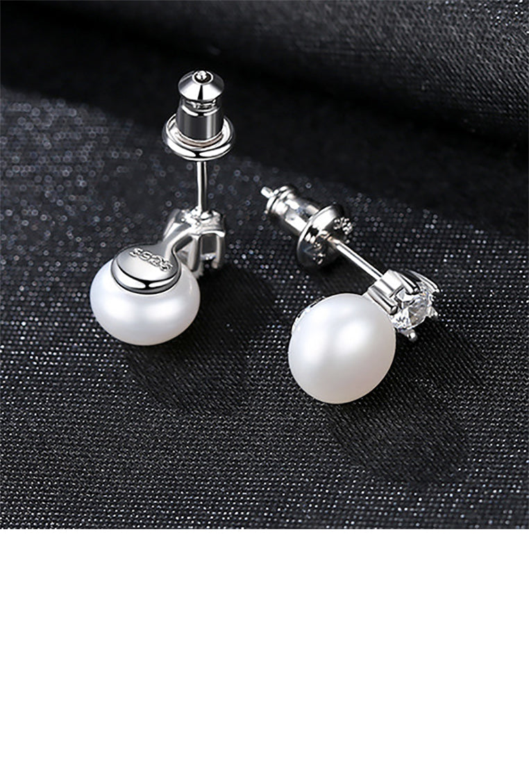 925 Sterling Silver Simple Round White Freshwater Pearl Earrings with Cubic Zirconia - Luxurious Look