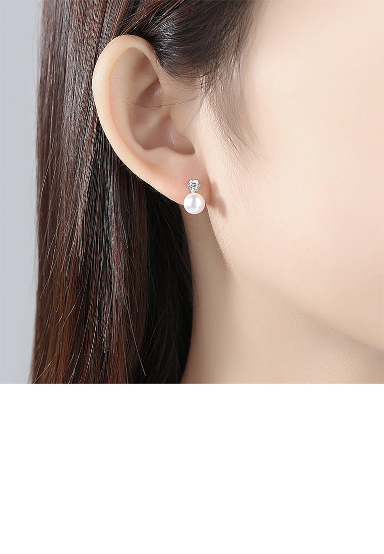 925 Sterling Silver Simple Round White Freshwater Pearl Earrings with Cubic Zirconia - Luxurious Look