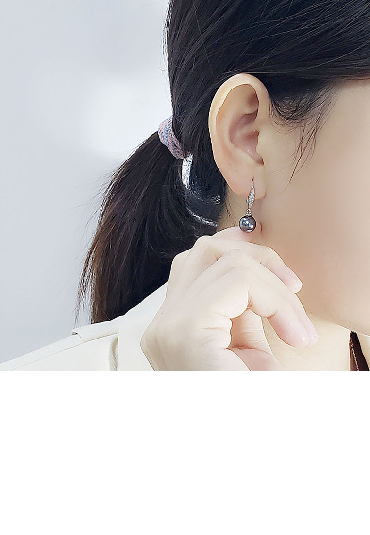 925 Sterling Silver Fashion and Elegant Black Freshwater Pearl Earrings with Cubic Zirconia - Luxurious Look