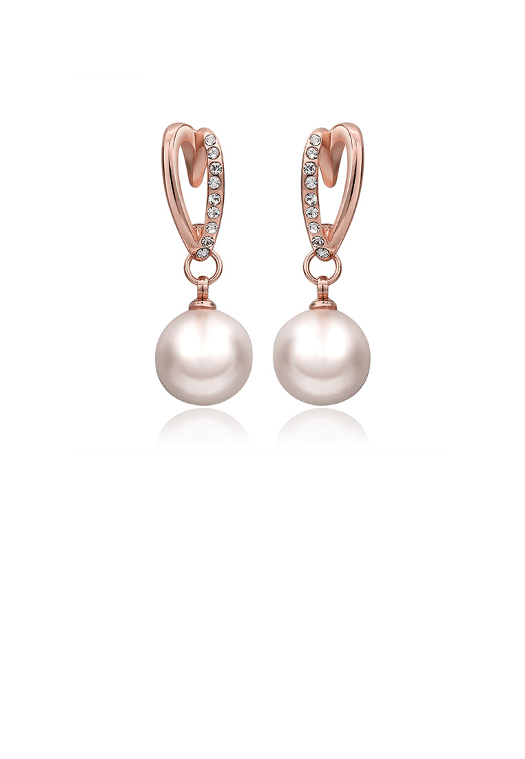 Plated Rose Gold Pearl Earrings with Austrian Element Crystal - Luxurious Look