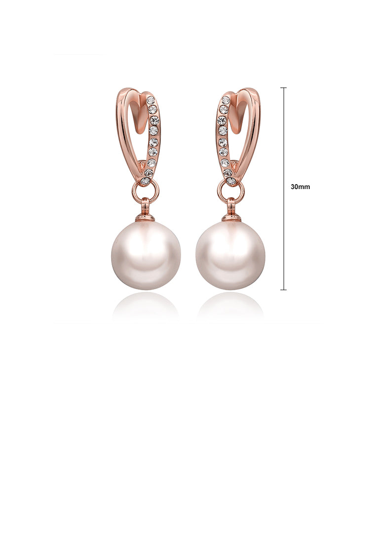Plated Rose Gold Pearl Earrings with Austrian Element Crystal - Luxurious Look