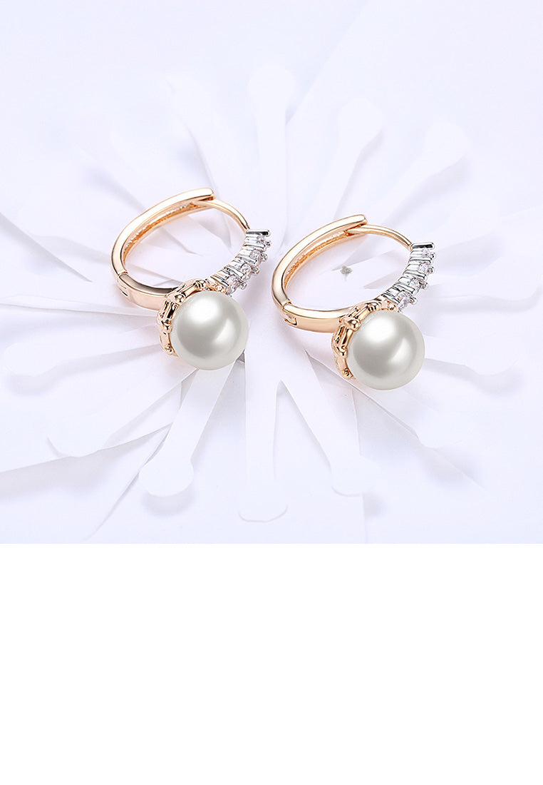 Elegant and Romantic Plated Champagne Gold Round Pearl Earrings with Cubic Zircon - Luxurious Look