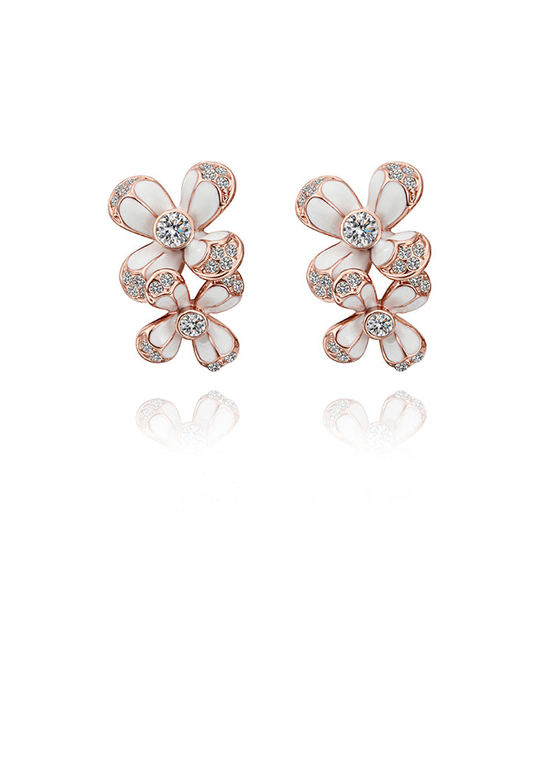 Elegant and Fashion Rose Plated Gold Double Flower Stud Earrings with Cubic Zircon