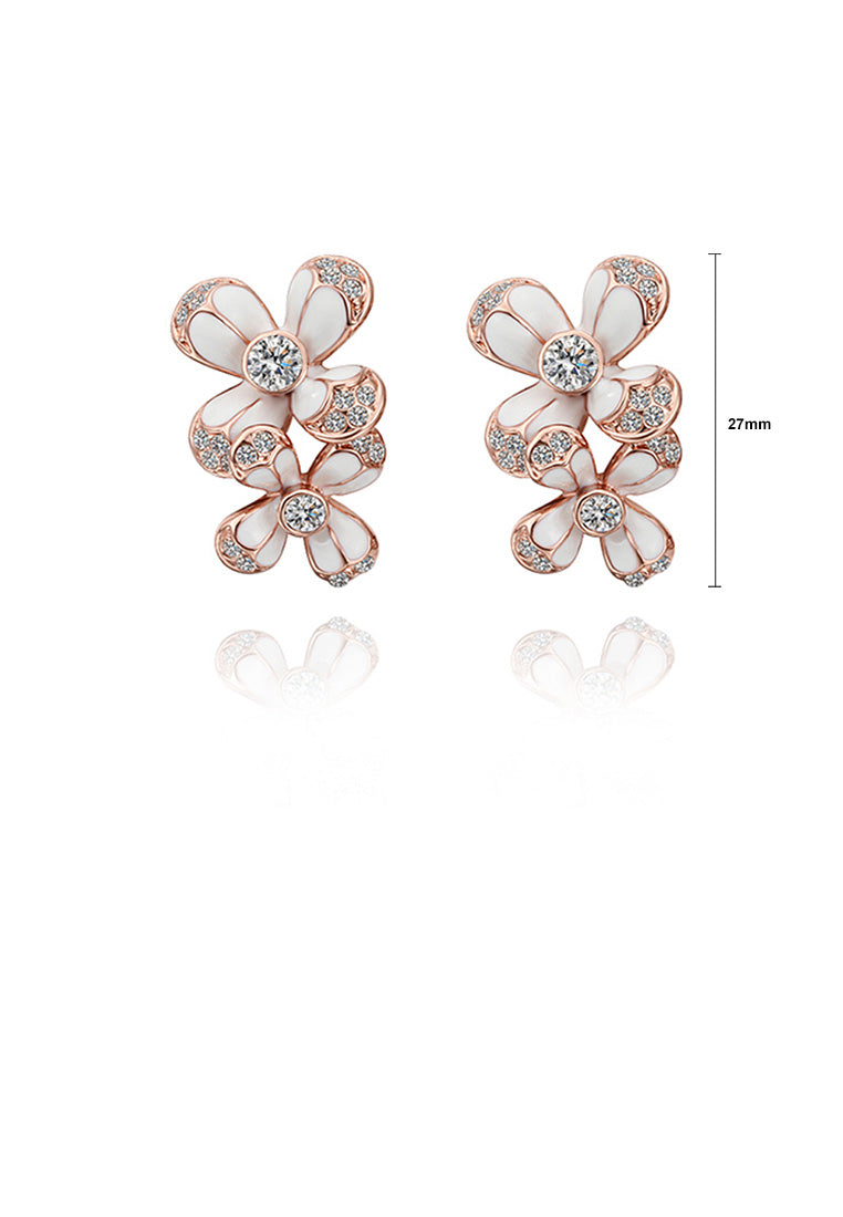 Elegant and Fashion Rose Plated Gold Double Flower Stud Earrings with Cubic Zircon