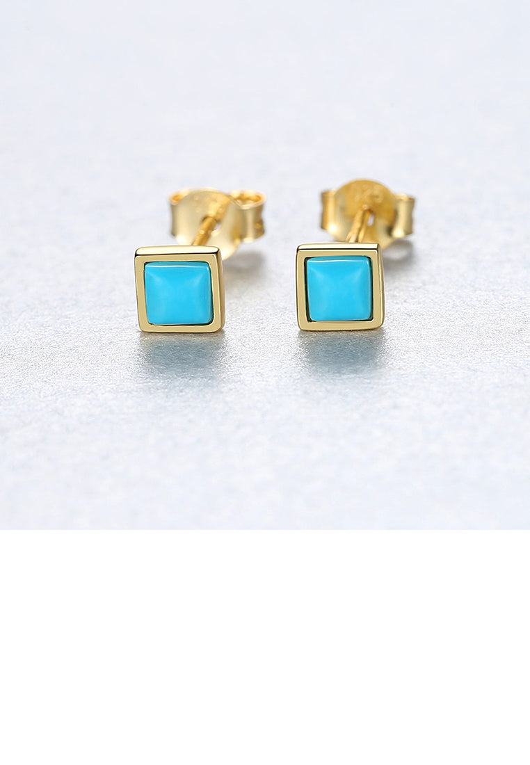 925 Sterling Silver Plated Gold Simple Fashion Blue Geometric Square Stud Earrings