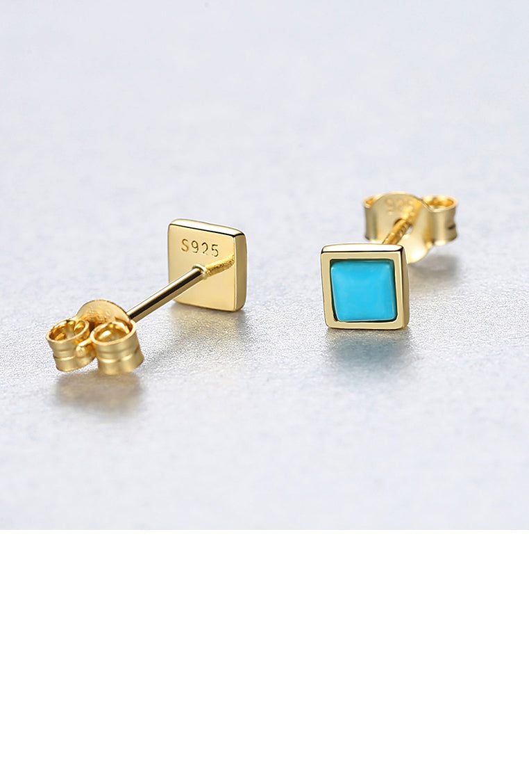 925 Sterling Silver Plated Gold Simple Fashion Blue Geometric Square Stud Earrings