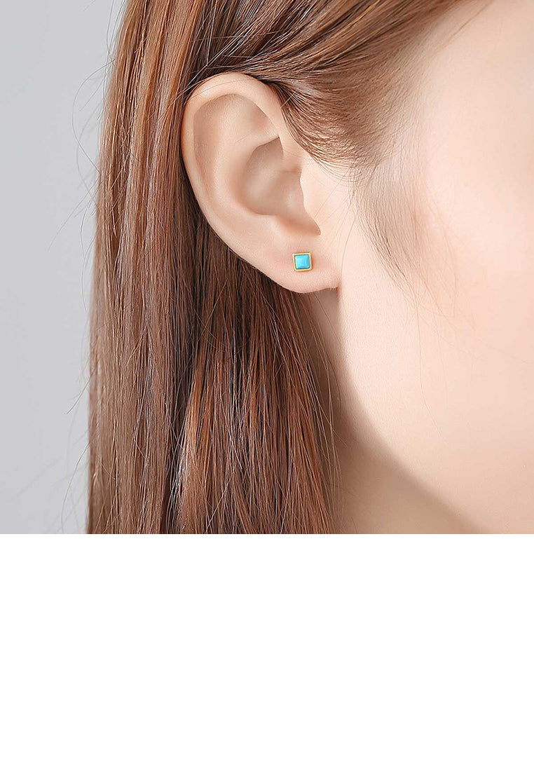 925 Sterling Silver Plated Gold Simple Fashion Blue Geometric Square Stud Earrings