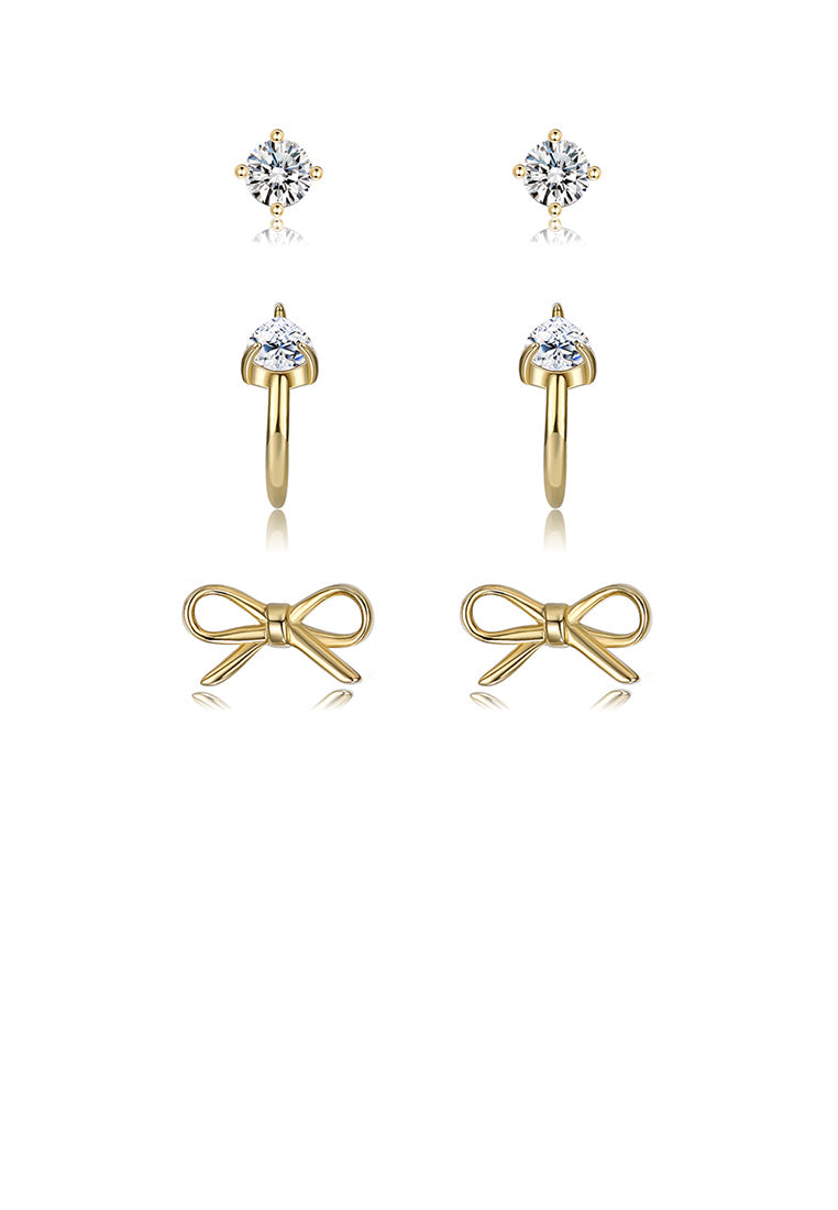 925 Sterling Silver Plated Gold Simple Bow Cubic Zircon Three-Piece Stud Earrings