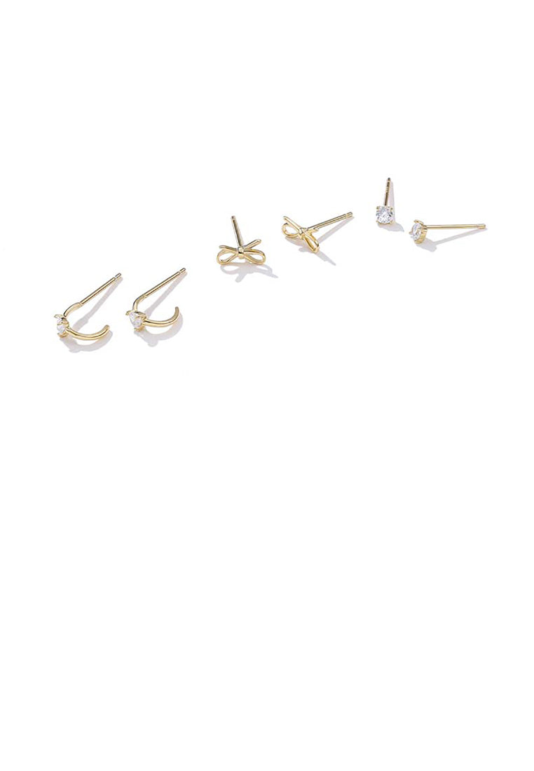 925 Sterling Silver Plated Gold Simple Bow Cubic Zircon Three-Piece Stud Earrings