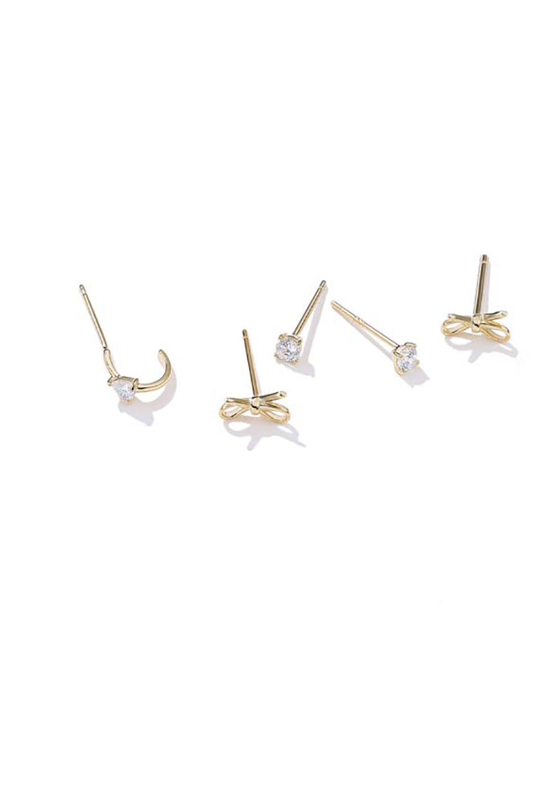 925 Sterling Silver Plated Gold Simple Bow Cubic Zircon Three-Piece Stud Earrings