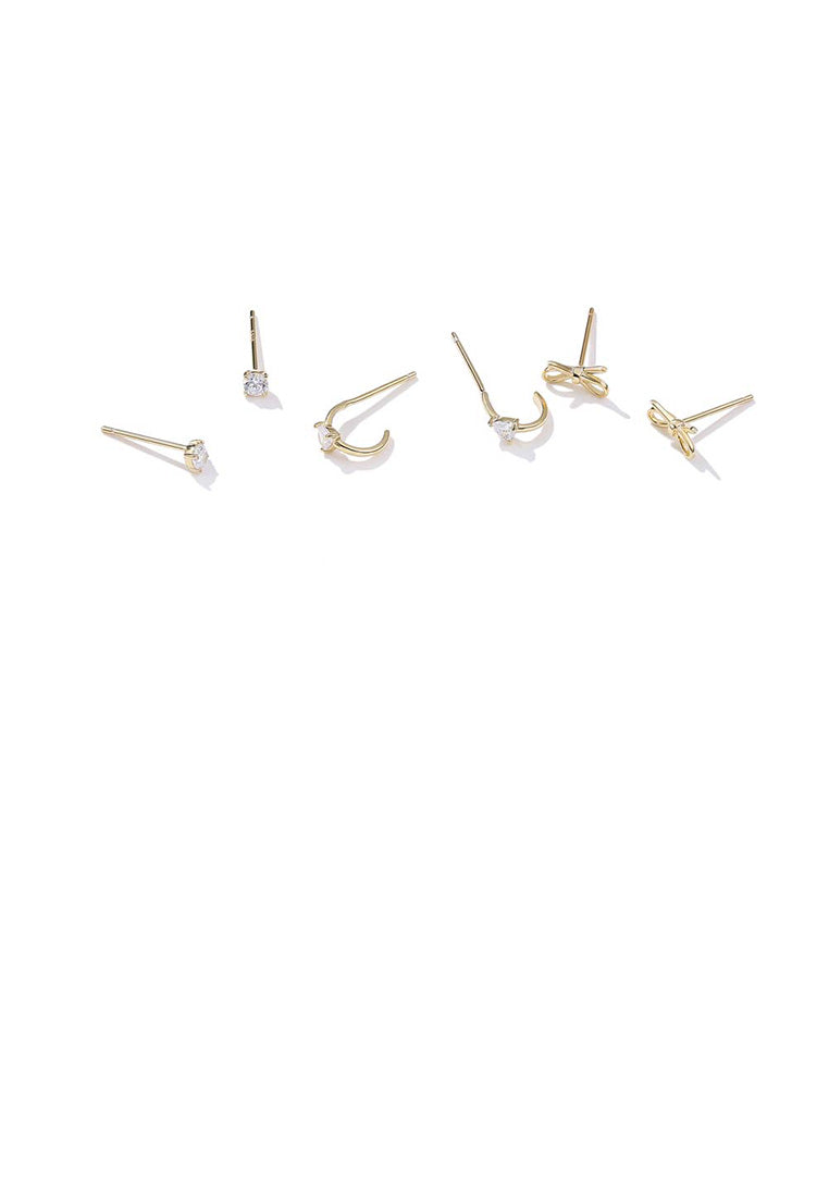 925 Sterling Silver Plated Gold Simple Bow Cubic Zircon Three-Piece Stud Earrings