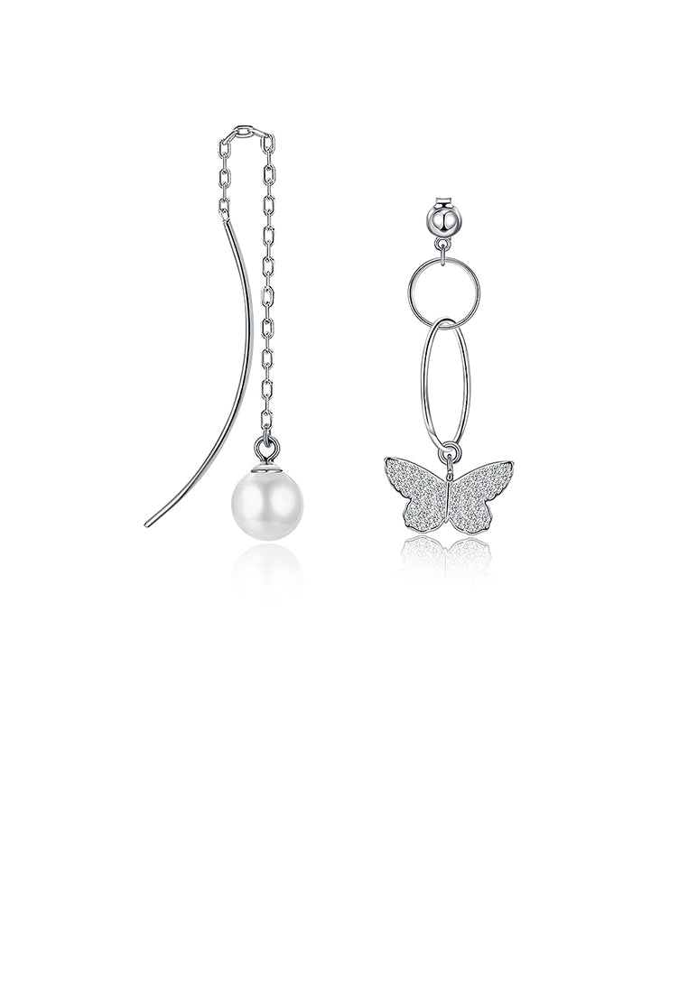 925 Sterling Silver Butterfly Asymmetric Earrings with Fashion Pearl and Austrian Element Crystal - Luxurious Look