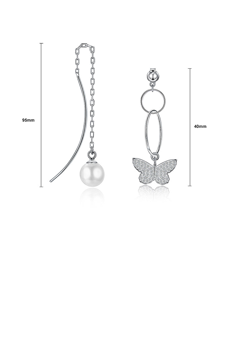 925 Sterling Silver Butterfly Asymmetric Earrings with Fashion Pearl and Austrian Element Crystal - Luxurious Look