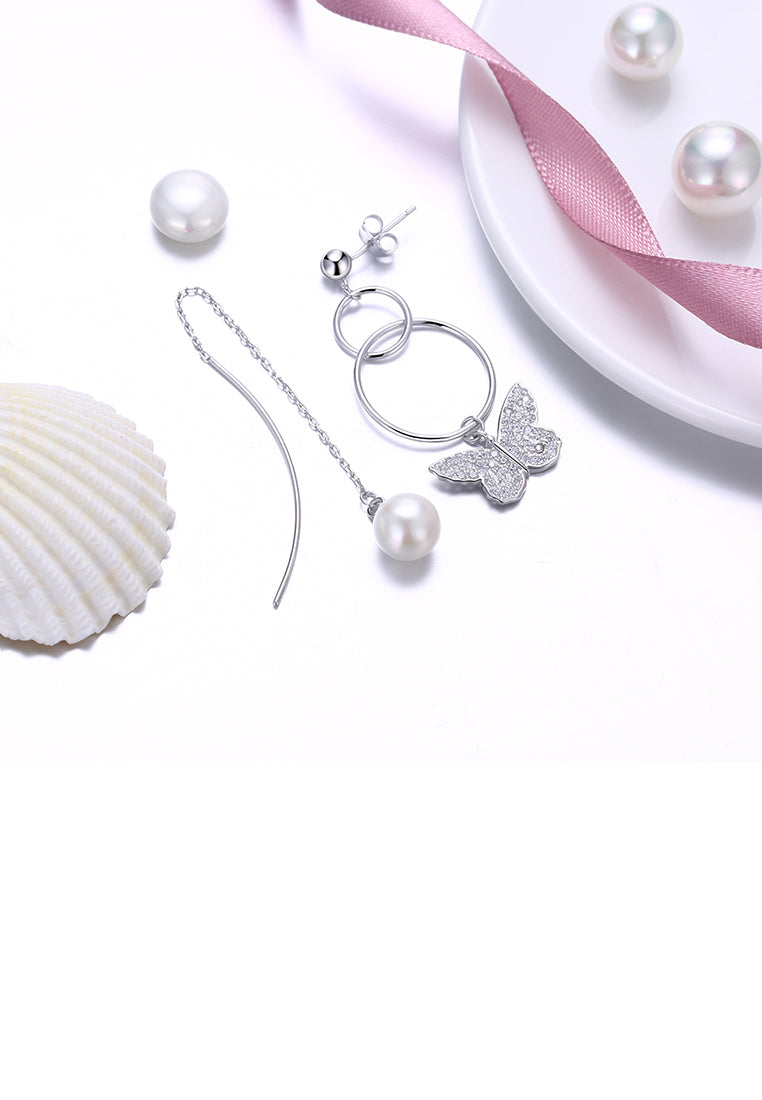 925 Sterling Silver Butterfly Asymmetric Earrings with Fashion Pearl and Austrian Element Crystal - Luxurious Look