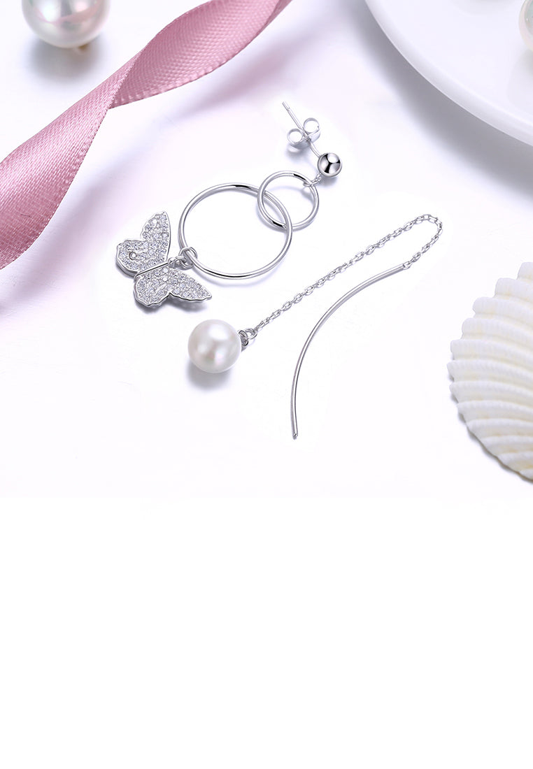 925 Sterling Silver Butterfly Asymmetric Earrings with Fashion Pearl and Austrian Element Crystal - Luxurious Look