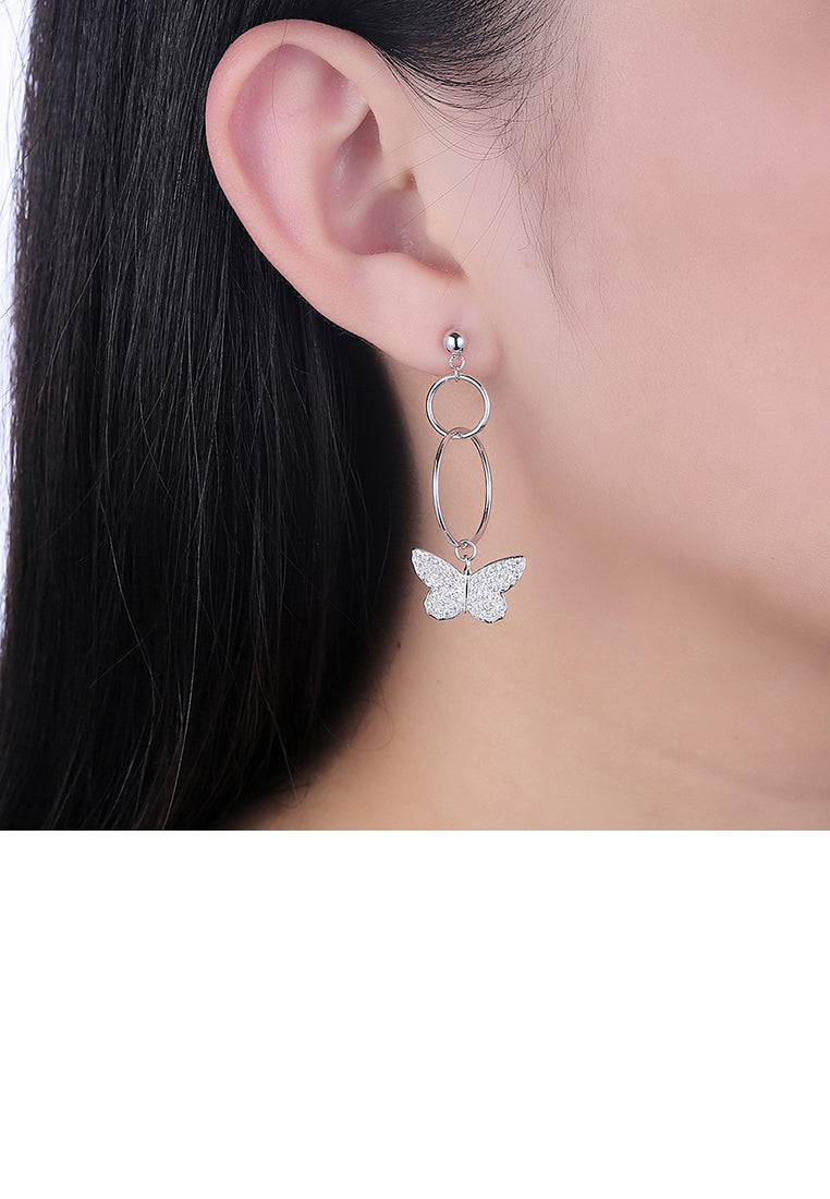 925 Sterling Silver Butterfly Asymmetric Earrings with Fashion Pearl and Austrian Element Crystal - Luxurious Look