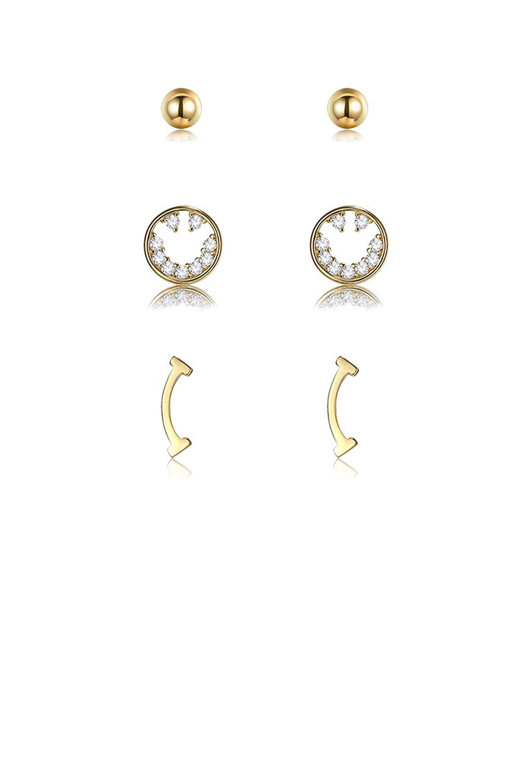 925 Sterling Silver Plated Gold Simple and Fashion Smiling Cubic Zircon Three-piece Stud Earrings