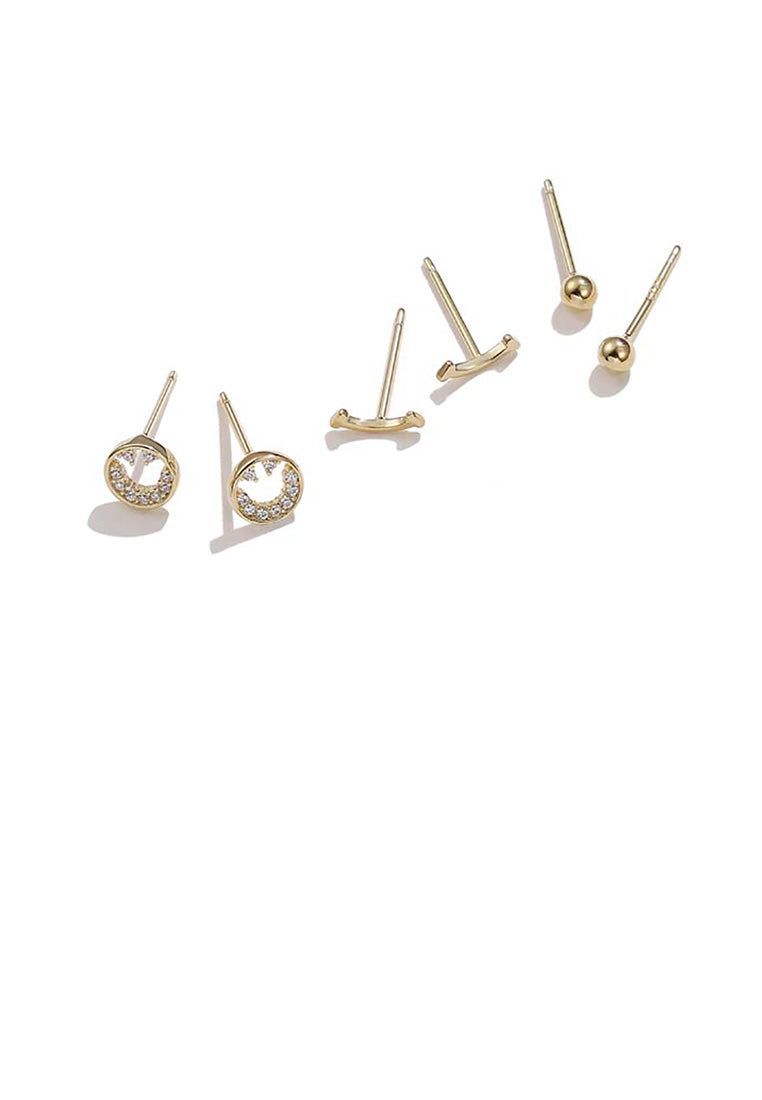 925 Sterling Silver Plated Gold Simple and Fashion Smiling Cubic Zircon Three-piece Stud Earrings