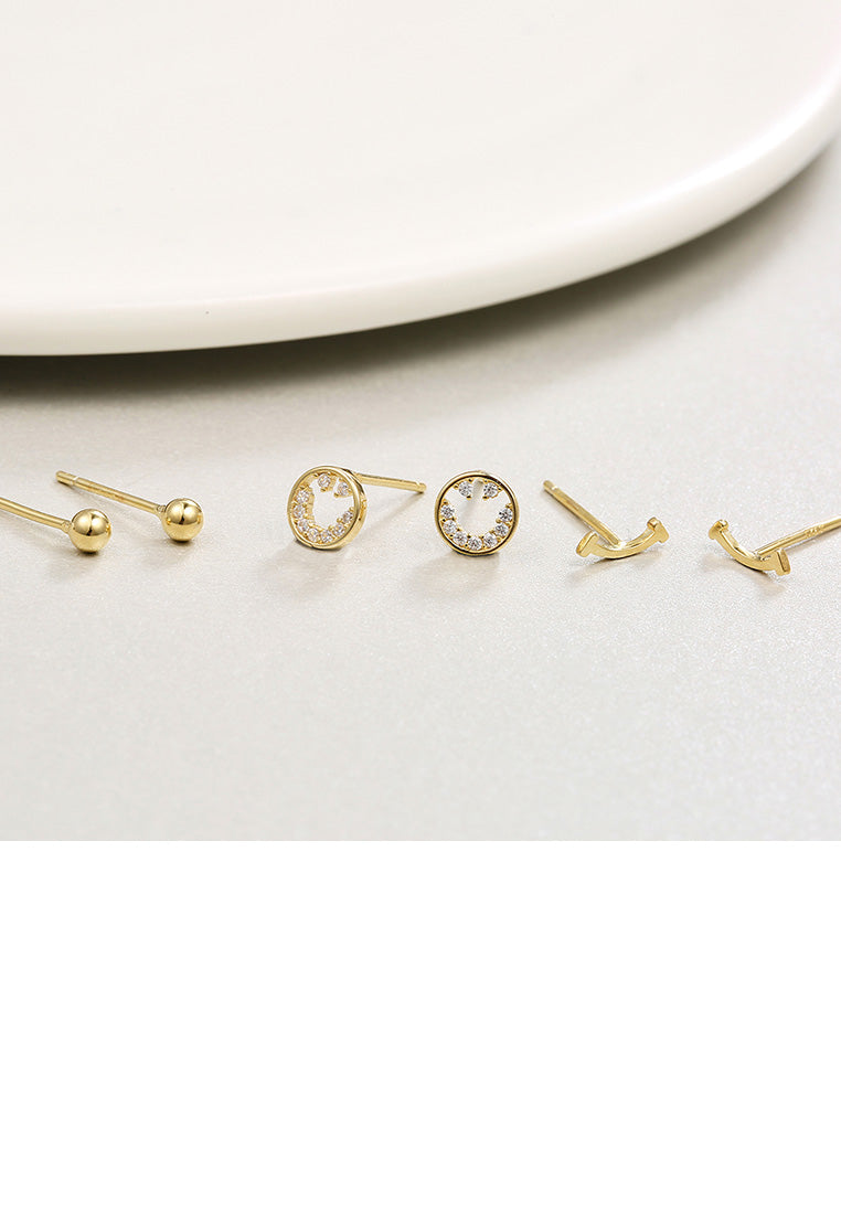 925 Sterling Silver Plated Gold Simple and Fashion Smiling Cubic Zircon Three-piece Stud Earrings