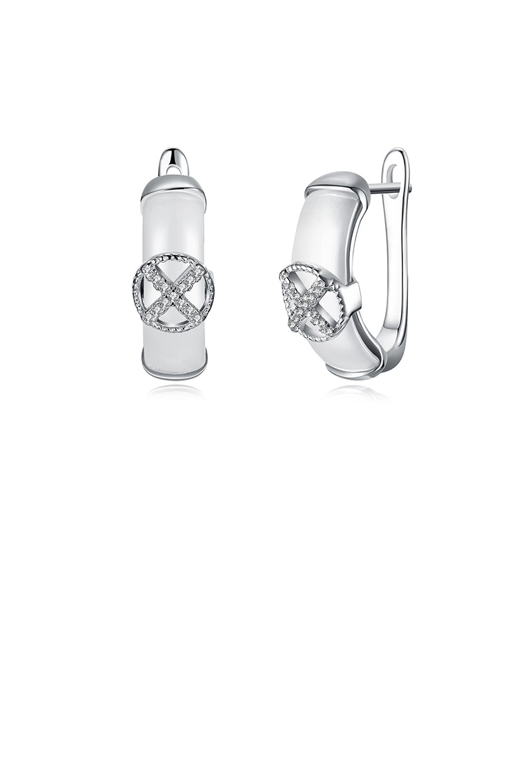 925 Sterling Silve Simple Elegant Noble Cross White Ceramic Earrings with Cubic Zircon