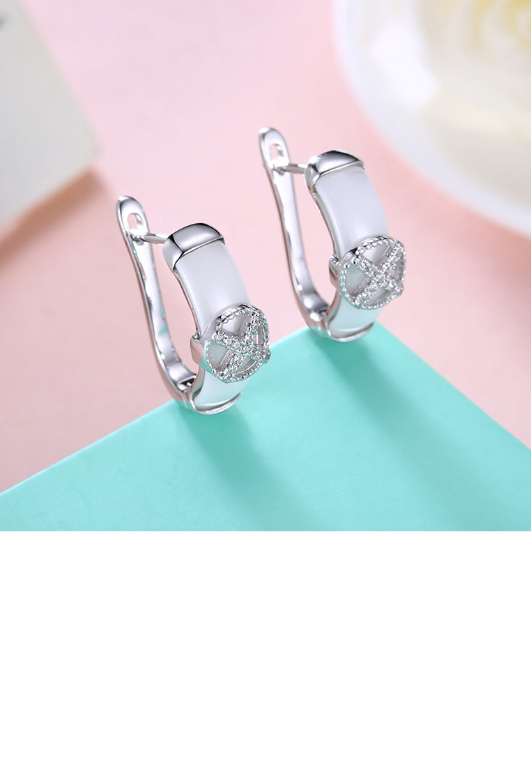 925 Sterling Silve Simple Elegant Noble Cross White Ceramic Earrings with Cubic Zircon