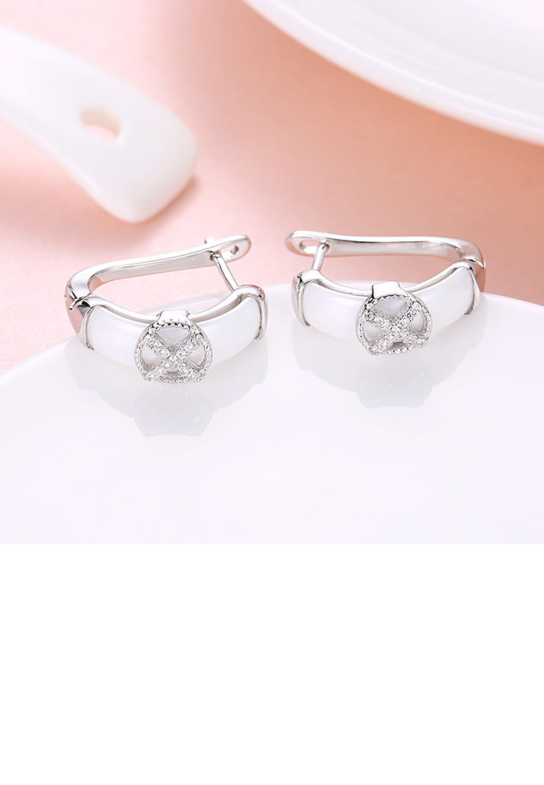 925 Sterling Silve Simple Elegant Noble Cross White Ceramic Earrings with Cubic Zircon