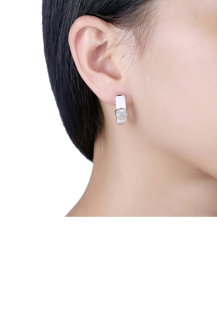 925 Sterling Silve Simple Elegant Noble Cross White Ceramic Earrings with Cubic Zircon