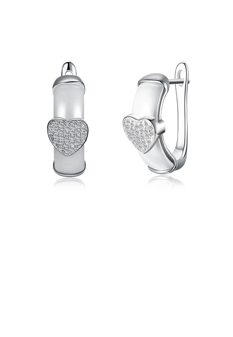 925 Sterling Silver Simple Romantic Heart-shaped White Ceramic Stud Earrings with Cubic Zircon