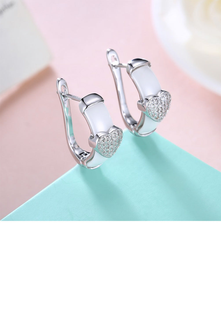 925 Sterling Silver Simple Romantic Heart-shaped White Ceramic Stud Earrings with Cubic Zircon