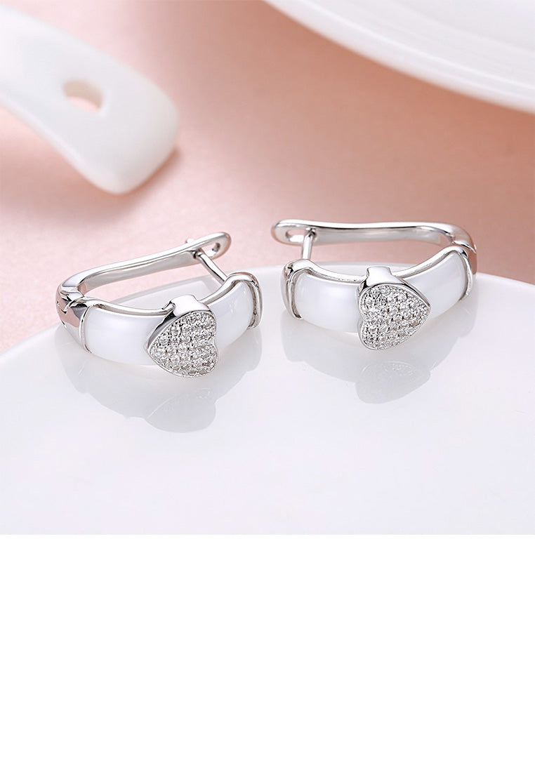 925 Sterling Silver Simple Romantic Heart-shaped White Ceramic Stud Earrings with Cubic Zircon