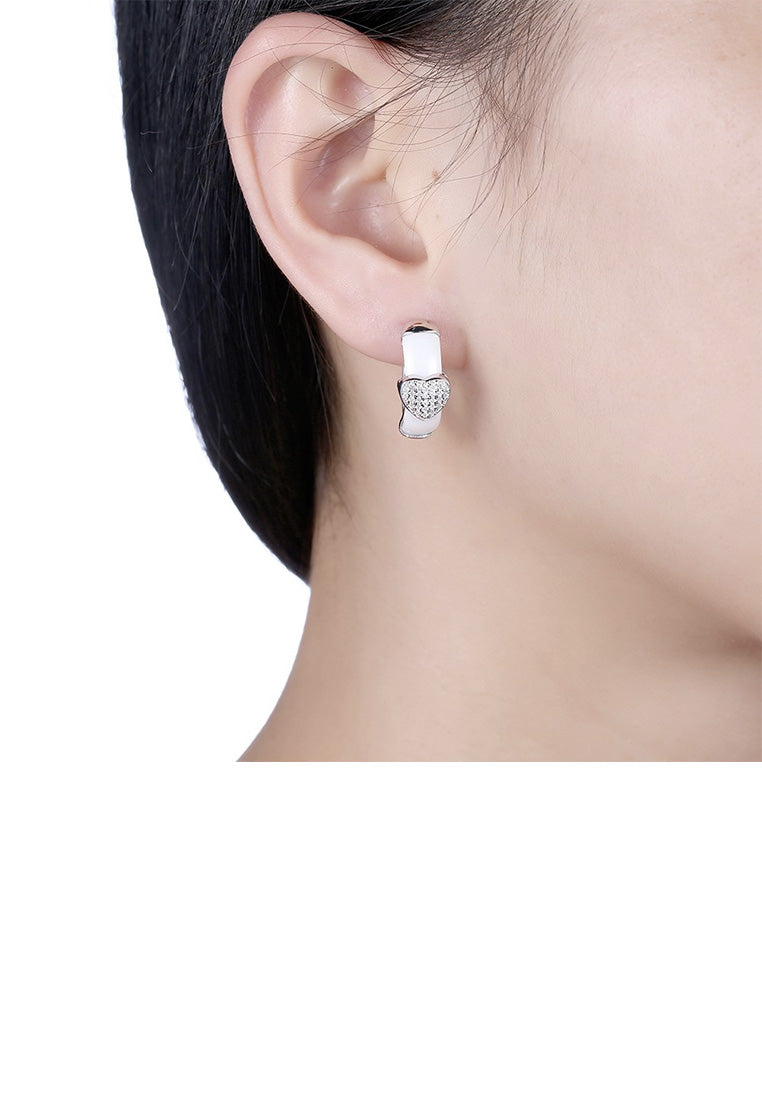 925 Sterling Silver Simple Romantic Heart-shaped White Ceramic Stud Earrings with Cubic Zircon