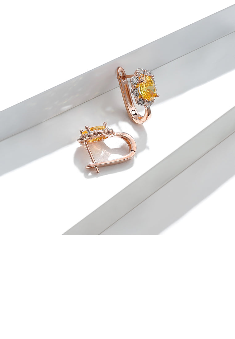 Simple and Elegant Plated Rose Gold Flower Earrings with Yellow Cubic Zirconia - Luxurious Look