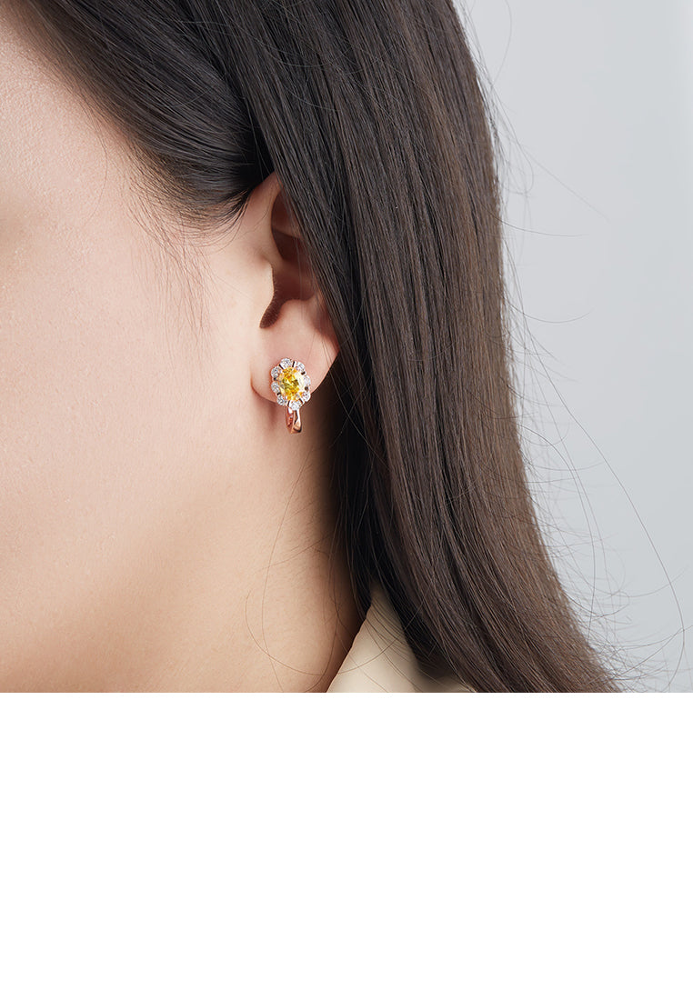 Simple and Elegant Plated Rose Gold Flower Earrings with Yellow Cubic Zirconia - Luxurious Look