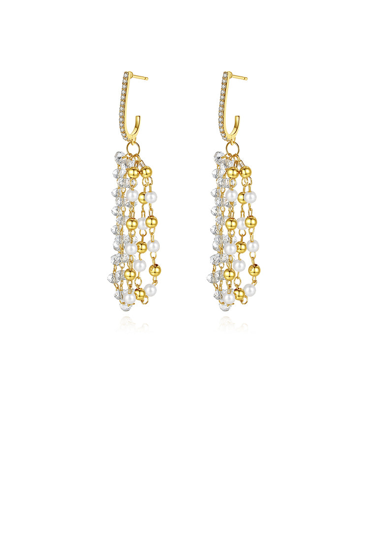 Elegant and Fashion Plated Gold Geometric Beaded Tassel Earrings with Cubic Zirconia - Luxurious Look