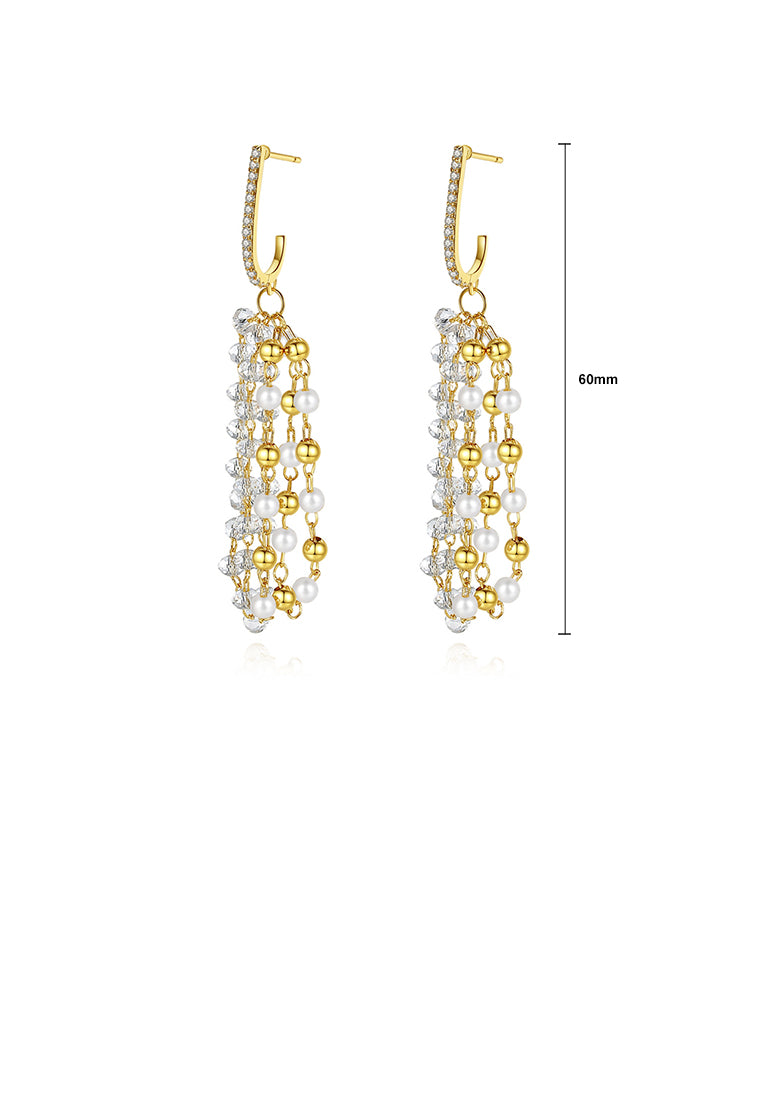 Elegant and Fashion Plated Gold Geometric Beaded Tassel Earrings with Cubic Zirconia - Luxurious Look