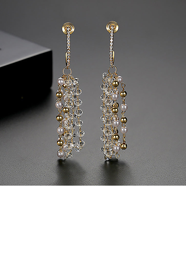 Elegant and Fashion Plated Gold Geometric Beaded Tassel Earrings with Cubic Zirconia - Luxurious Look