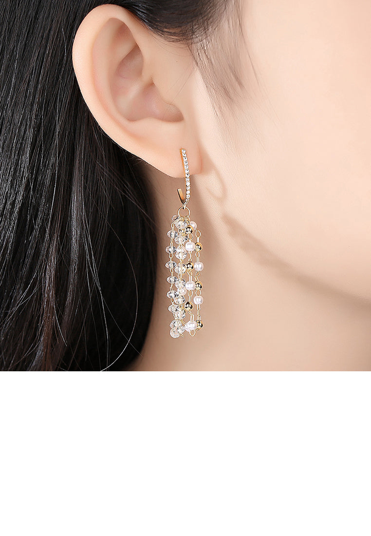 Elegant and Fashion Plated Gold Geometric Beaded Tassel Earrings with Cubic Zirconia - Luxurious Look