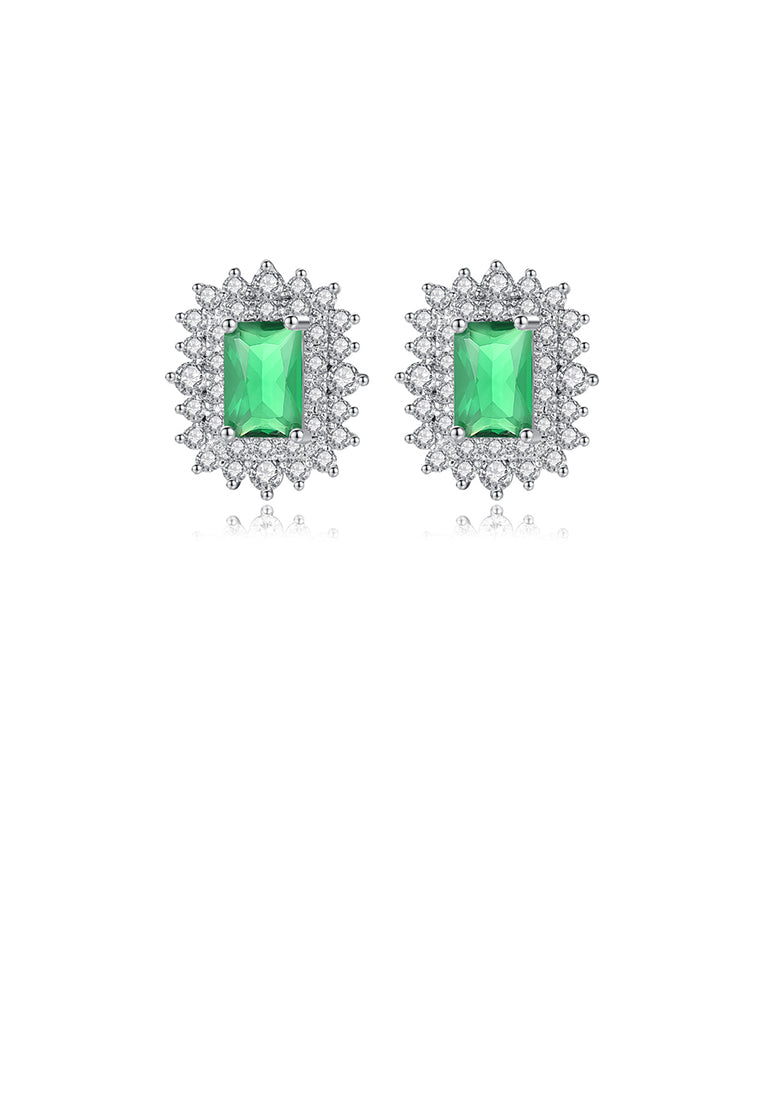 Elegant and Bright Geometric Rectangle Pattern Stud Earrings with Green Cubic Zirconia - Luxurious Look