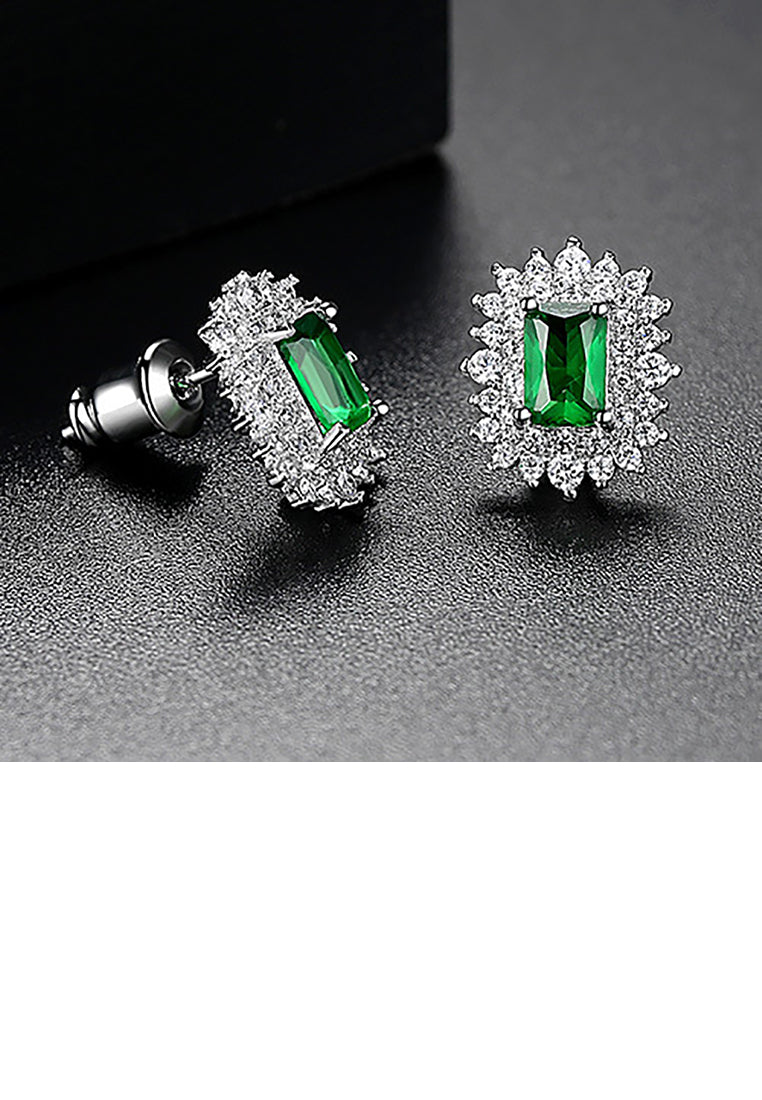 Elegant and Bright Geometric Rectangle Pattern Stud Earrings with Green Cubic Zirconia - Luxurious Look