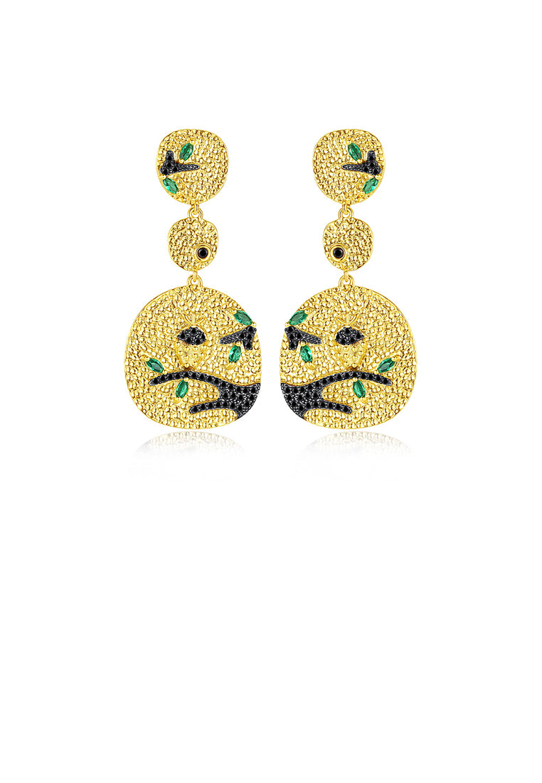 Fashion and Elegant Plated Gold Geometric Round Hibiscus Earrings with Black Cubic Zirconia - Luxurious Look