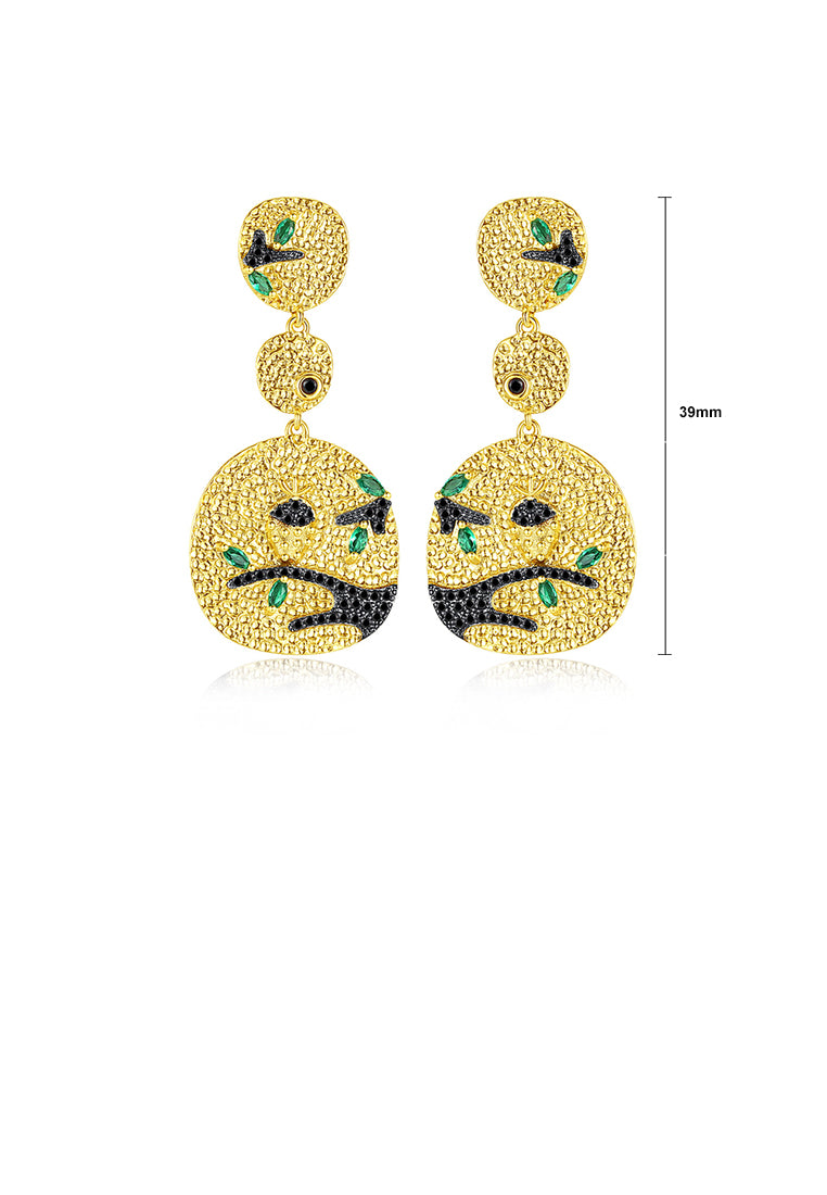 Fashion and Elegant Plated Gold Geometric Round Hibiscus Earrings with Black Cubic Zirconia - Luxurious Look