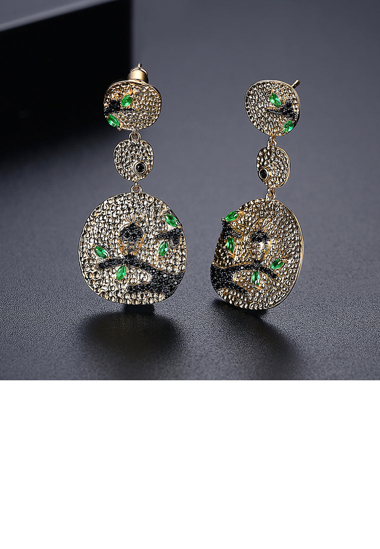 Fashion and Elegant Plated Gold Geometric Round Hibiscus Earrings with Black Cubic Zirconia - Luxurious Look